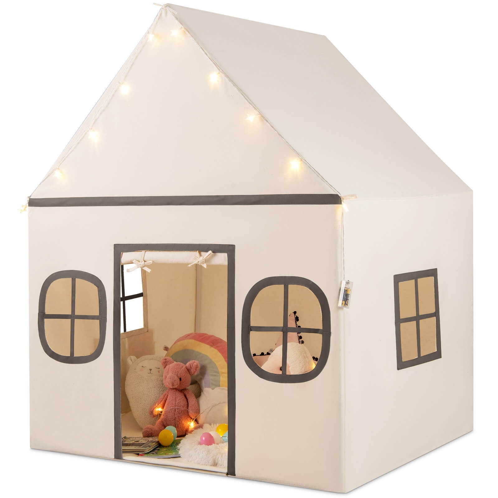 Kids Play Tent with Padded Mat, Star Lights, Side Storage Bags, Door & Windows