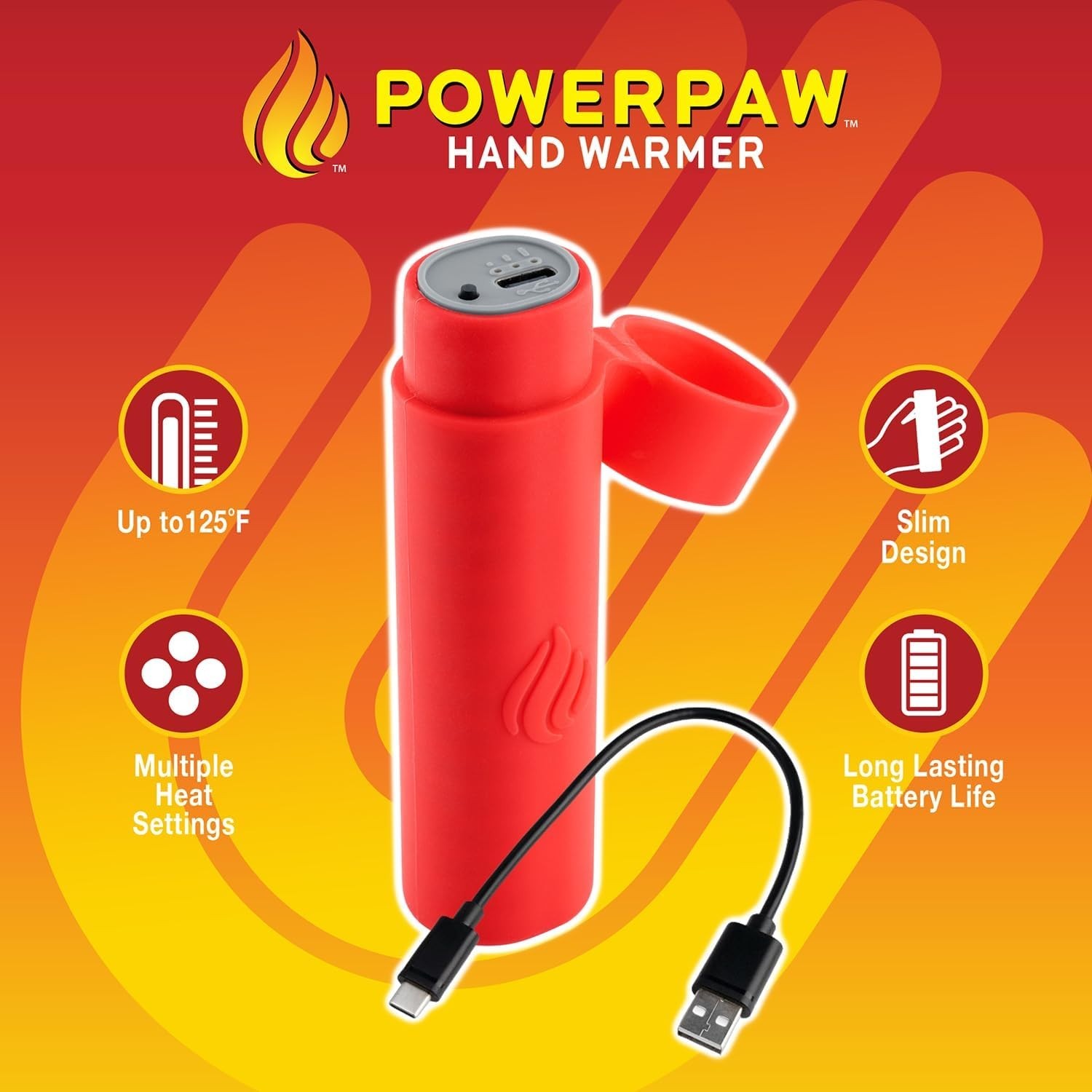 Powerpaw 501 2Pk Hand Warmer 4 Heat Settings Rechargeable Waterproof Slim Design