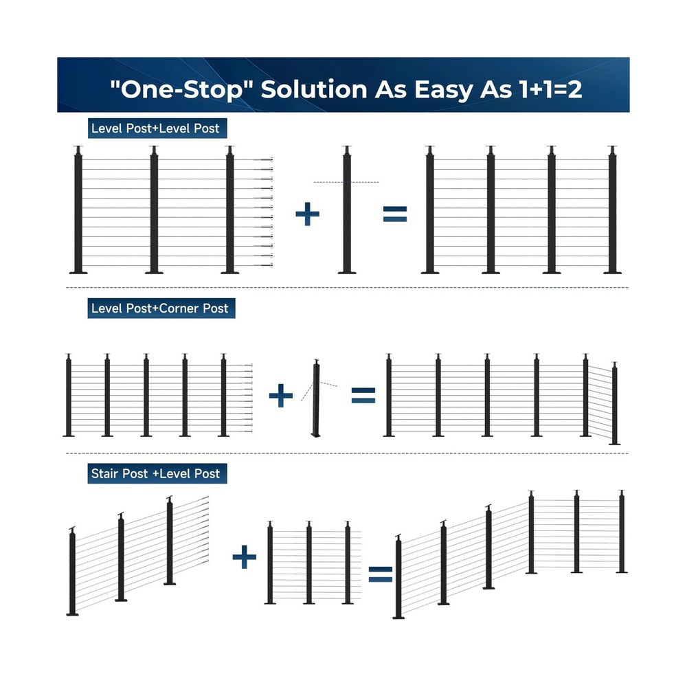 42" One-Stop Cable Railing Post Kit - 4 Adjustable Top Level Drilled Line Pos...