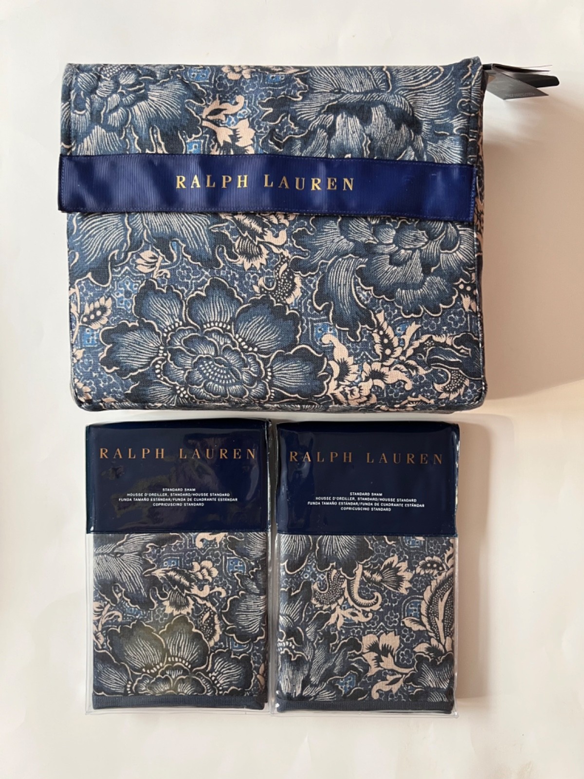 3pc RALPH LAUREN Queen Duvet Set HARLOW BRINLY FOREST BROWN / KEATON INDIGO BLUE