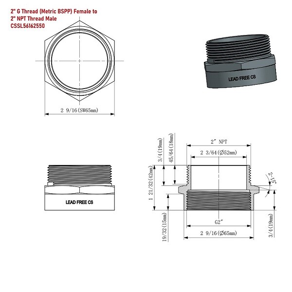 G Thread (Metric BSPP) Female to NPT Male Adapter - Lead-Free (2" x 2")