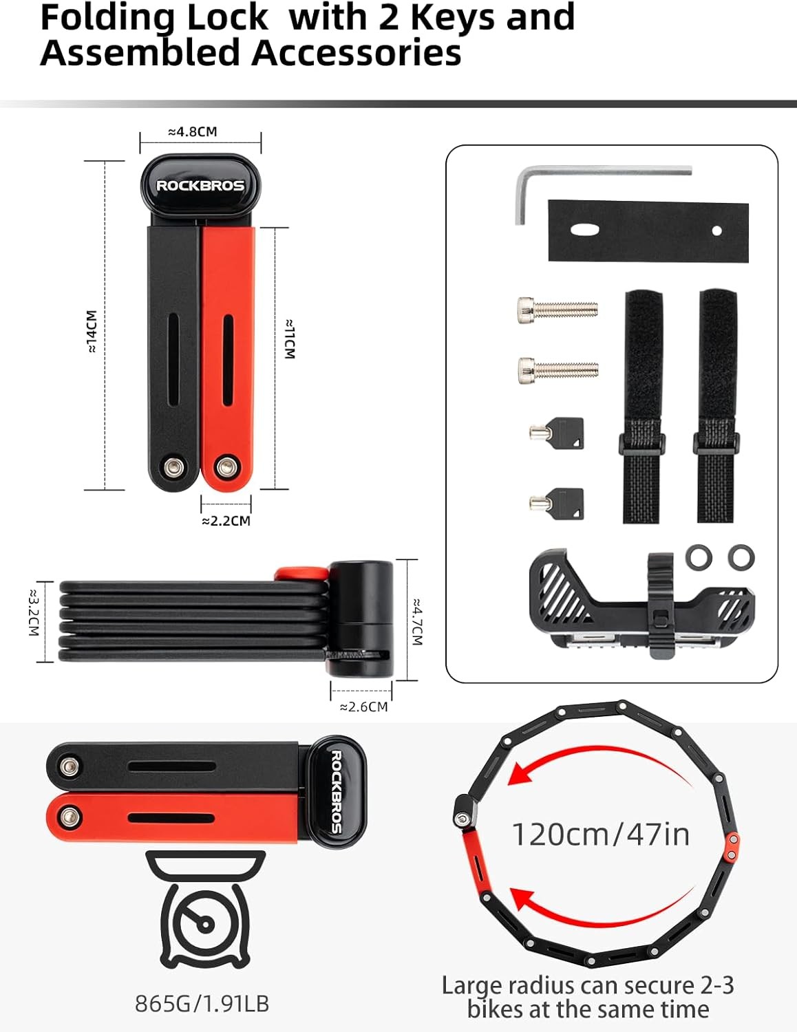 ROCKBROS Folding Bike Lock 120cm/47.24" w/2 Keys Non Theft Heavy Duty Ebike Lock