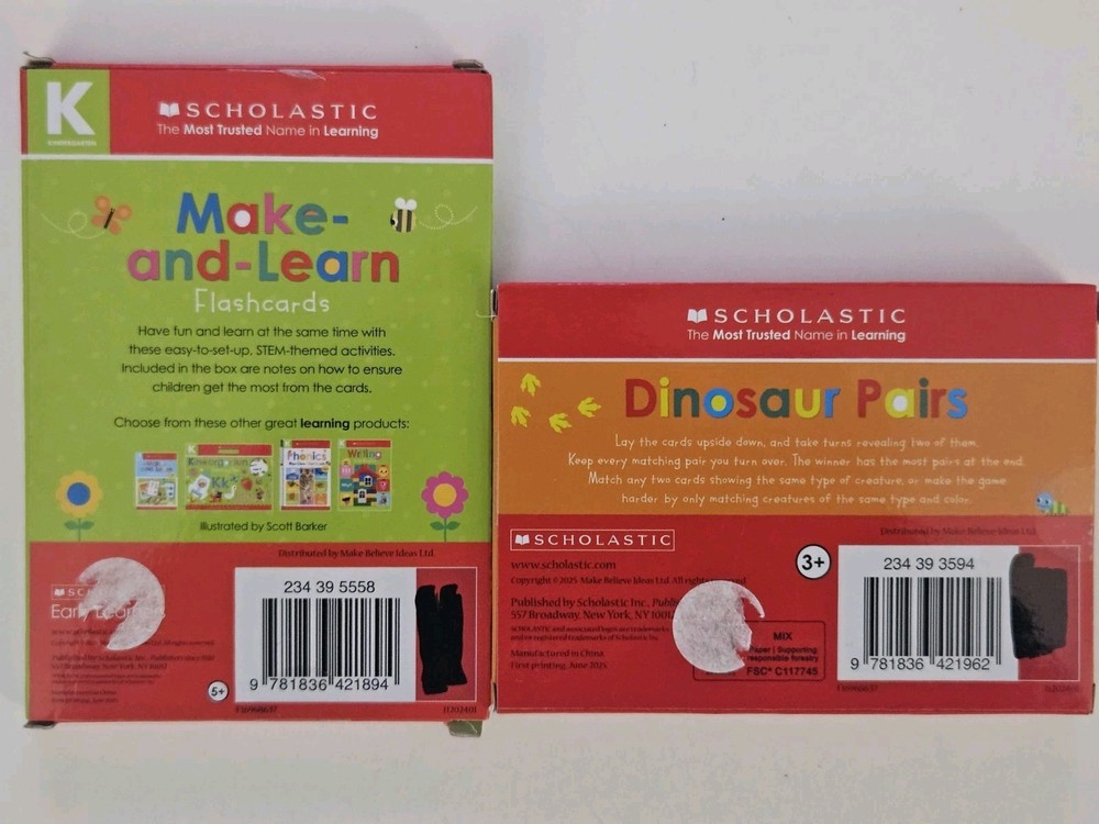 Scholastic Pre K Dinosaur Pairs & Kindergarten Make & Learn Flashcards
