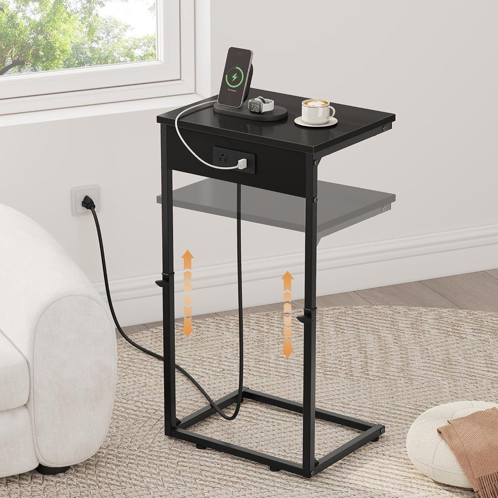 C Shaped End Table W/ Charging Station Adjustable Height Side Table Couch,Small