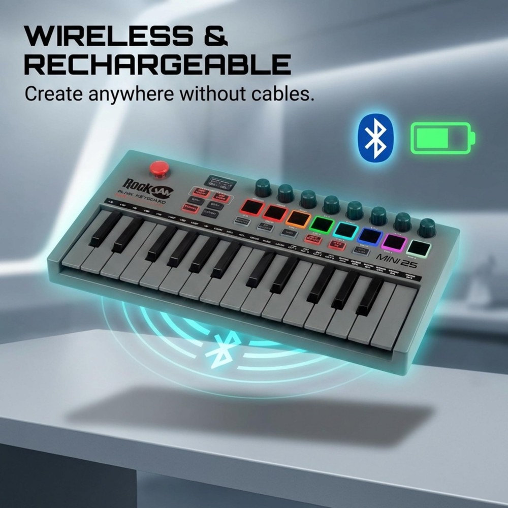 25-Key Rechargeable USB MIDI Keyboard Controller – Mini Piano Keyboard with V...