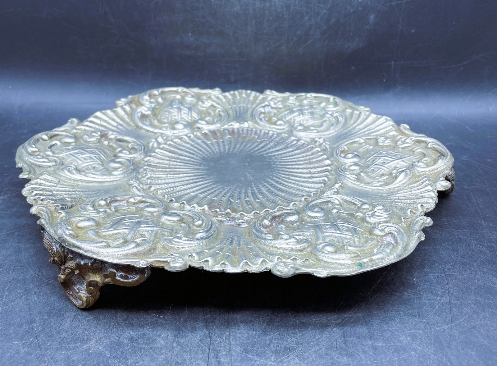 Antique Silver Plate Footed Plateau Stand Tray Ornate Edge, Display