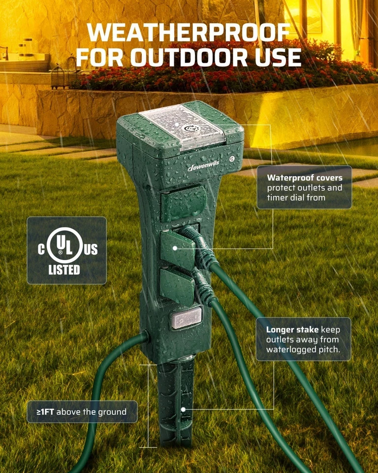 DEWENWILS Outdoor Power Stake Timer Waterproof,100FT Range Remote Control Outlet