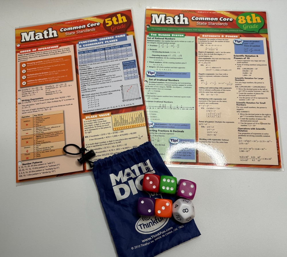 Quickstudy Guides Common Core Math 5th grade& 8th grade&thinkfun math dice