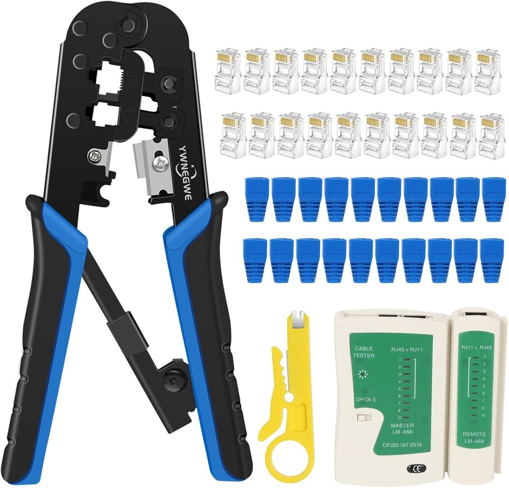 Professional RJ45 Crimp Tool Kit with Wire Stripper & Cable Tester Included