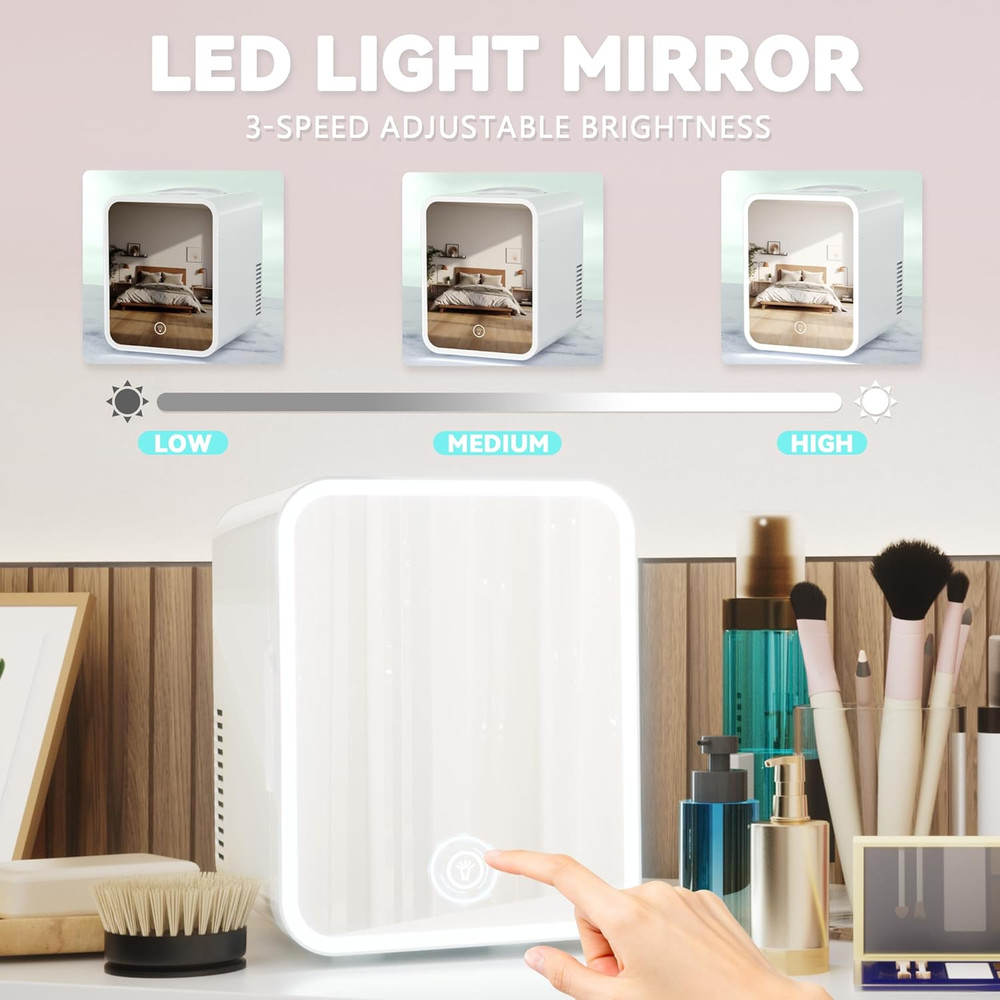 Mini Fridge, 5L AC/DC Small Refrigerator with Dimmable LED Mirror, Portable Cool