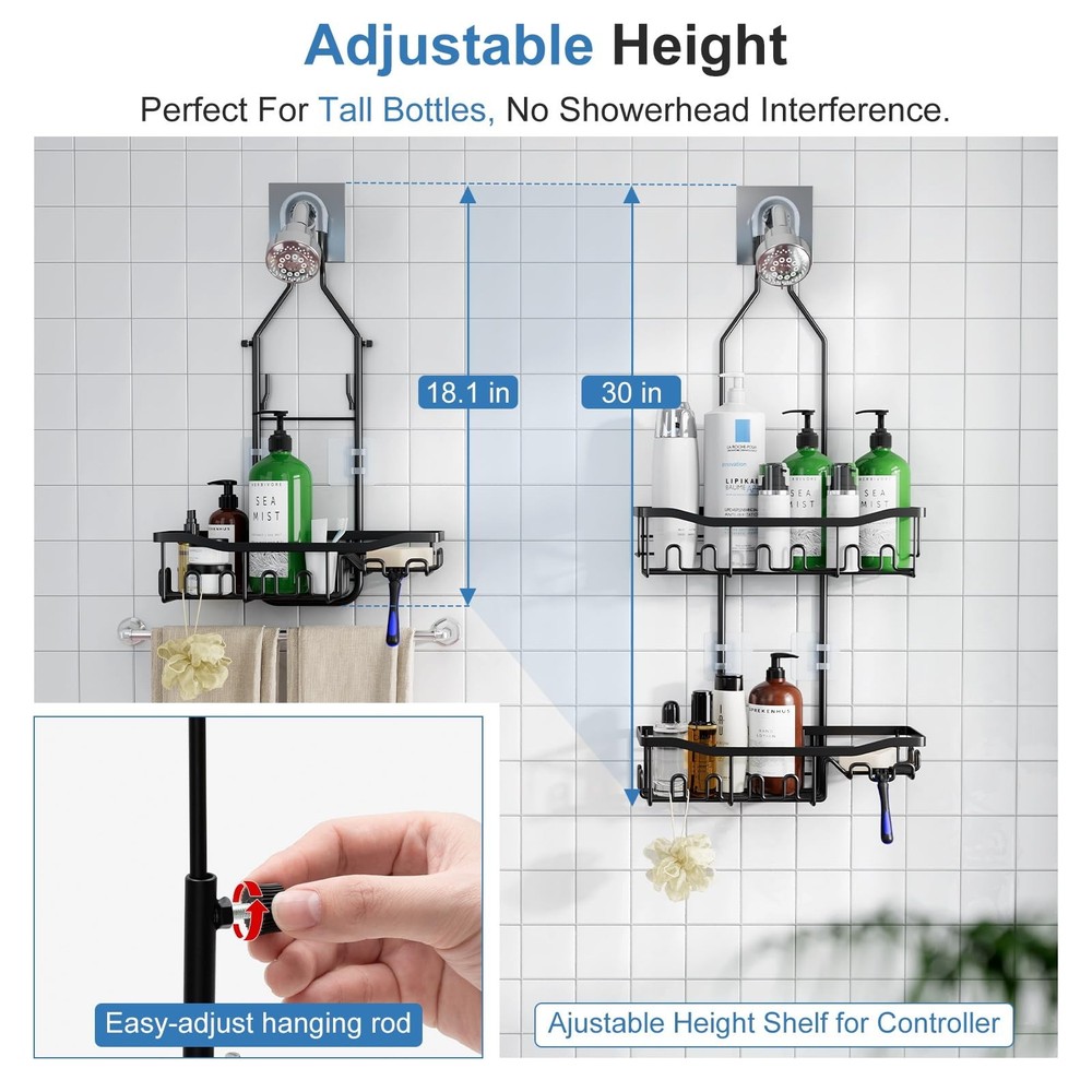 Upgraded Extended Length Shower Organizer with Hooks Rustproof Shampoo Soap H...