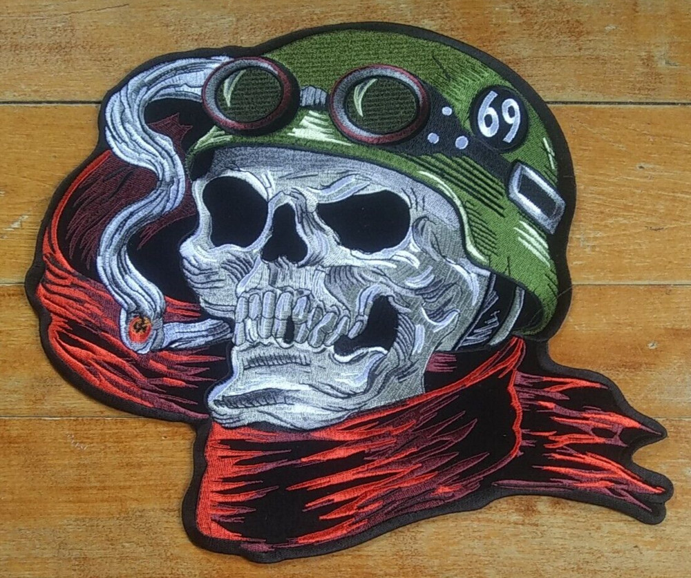 Large Embroidered Back Patch ~ Smokin' Death Skull 69 Helmet Biker Jacket PATCH