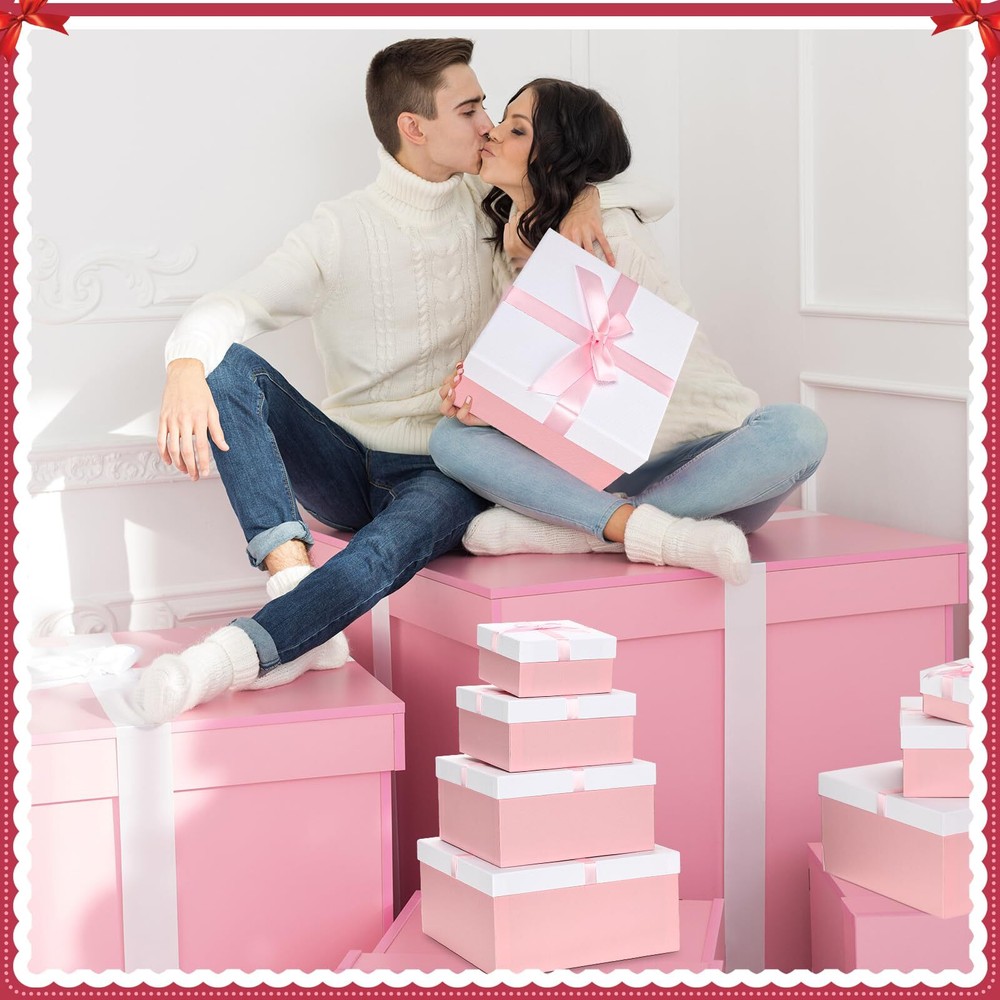 Large Nesting Gift Boxes with Lid Ribbon Square Pink 6 Pack 6 Sizes