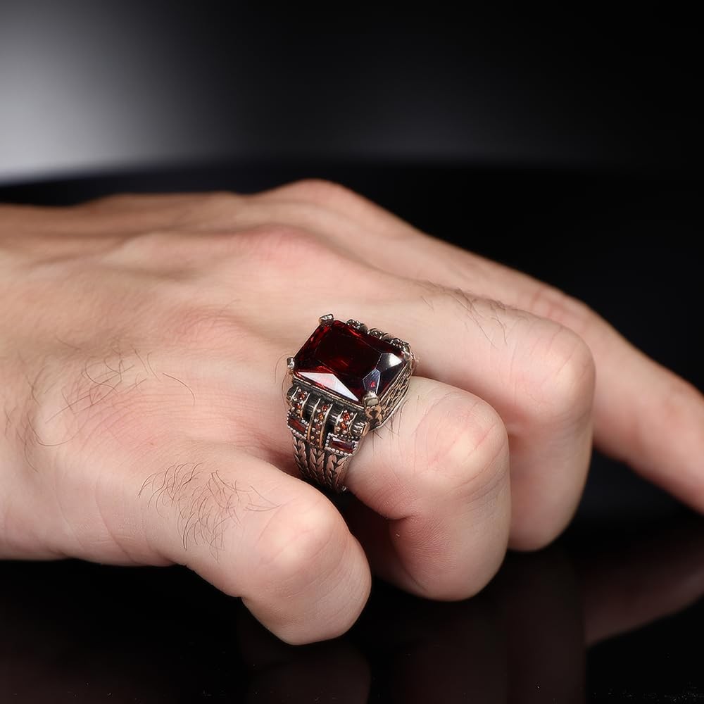 Foxtail Chain Design 925 Sterling Silver Garnet Stone Men's Ring, Handmade
