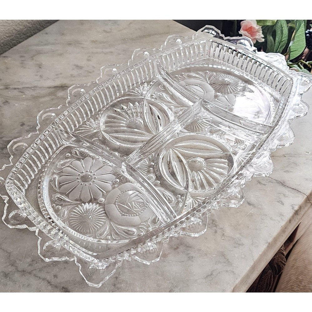 Cut Crystal Divided Serving Tray, Floral Design