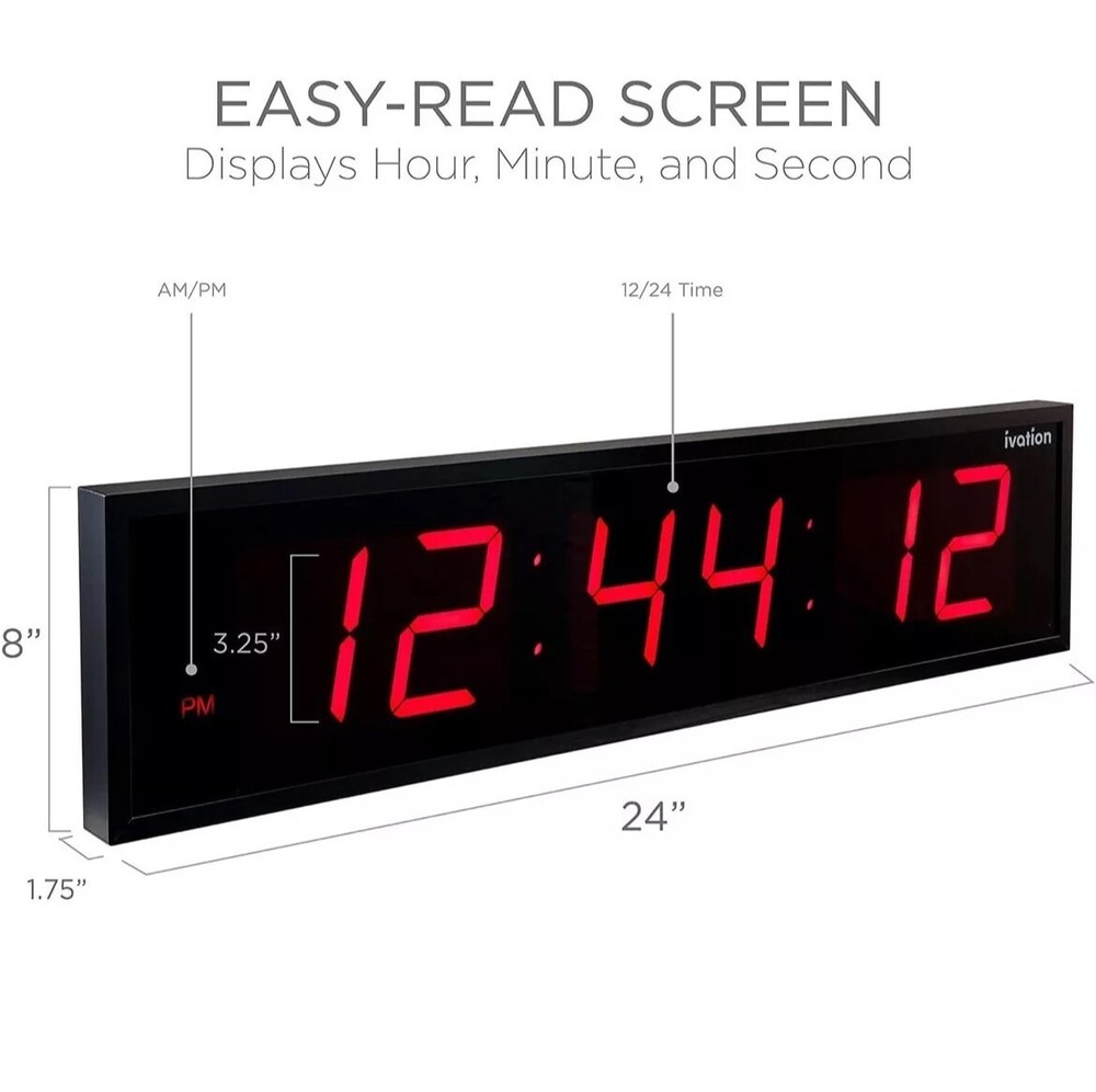 Ivation 24” LED Digital Time Bar Large Black RED Display Wall Clock with Remote