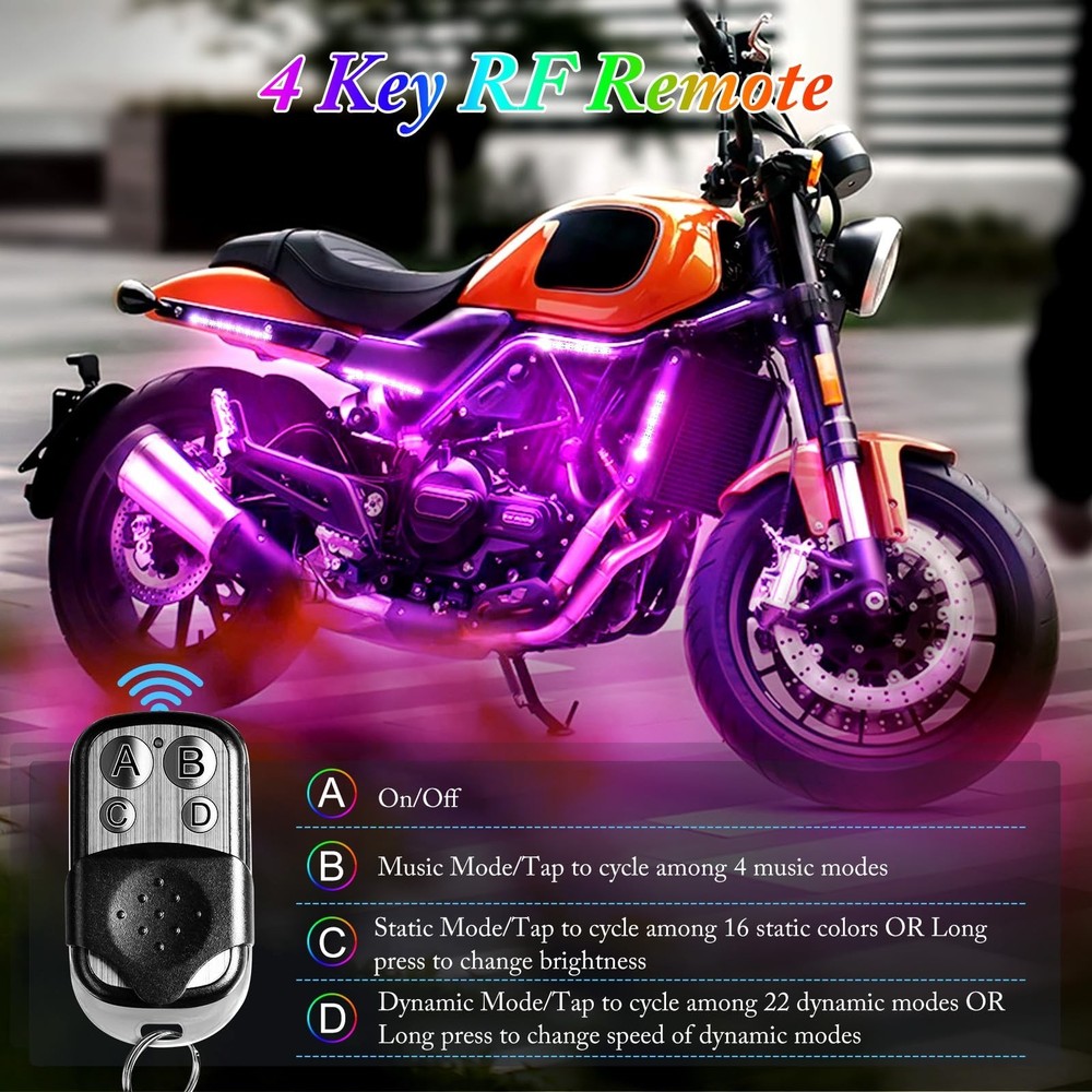 8PCS Motorcycle LED Underglow Kit, 4 Key Remote Control App Control with Two ...