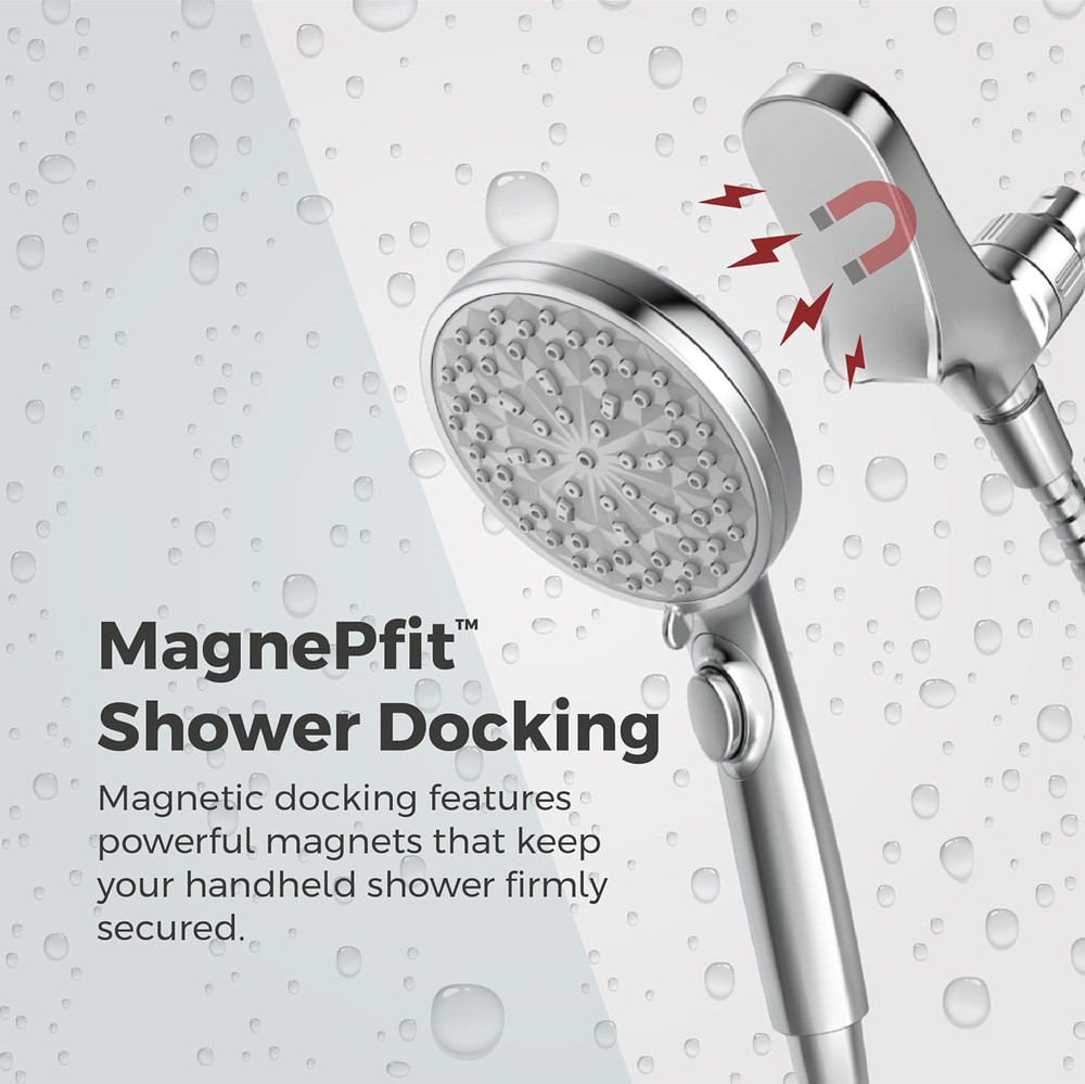 Hydrofuse Handheld Shower Head, Hose Included, Magnetic Docking, 6-Function, 1.7