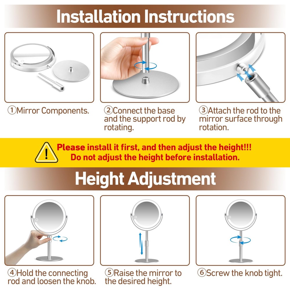 Magnifying Makeup Mirror 20X 8-Inch HD, Height-Adjustable - 3 Lighting Modes