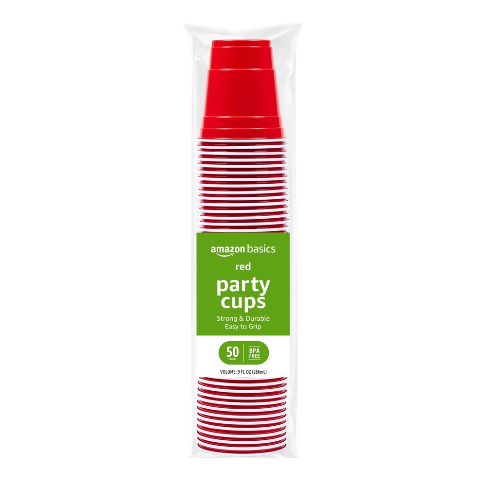 Basics Small Disposable Red Plastic Party Cups, BPAFree, 9oz, 50 Count