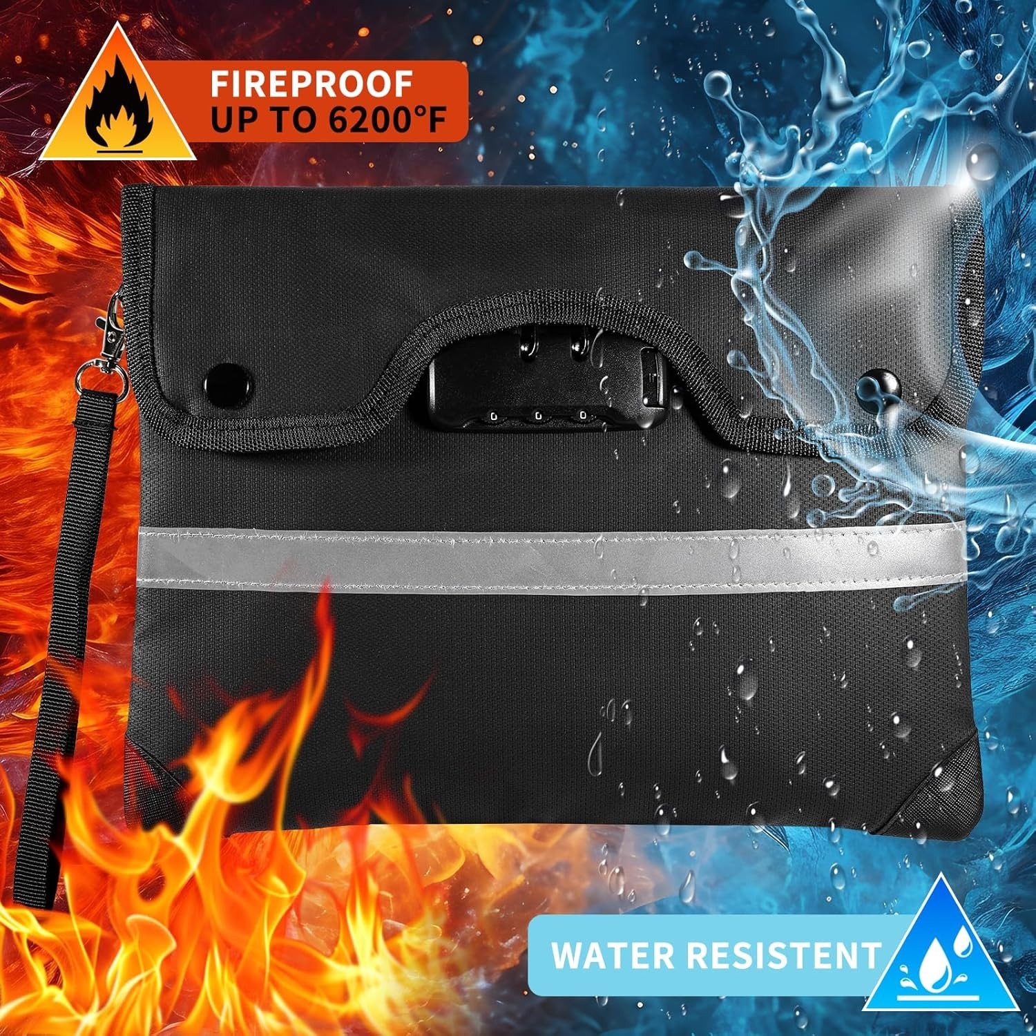 Fireproof Document Bag 38x31cm 6200°F Heat/Waterproof Safe Storage Bag with Lock