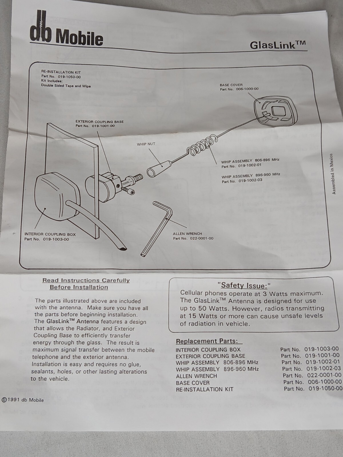 GlasLink Glass Mount Dual Band Cellular UHF Antenna NEW w/ All Mounting Hardware