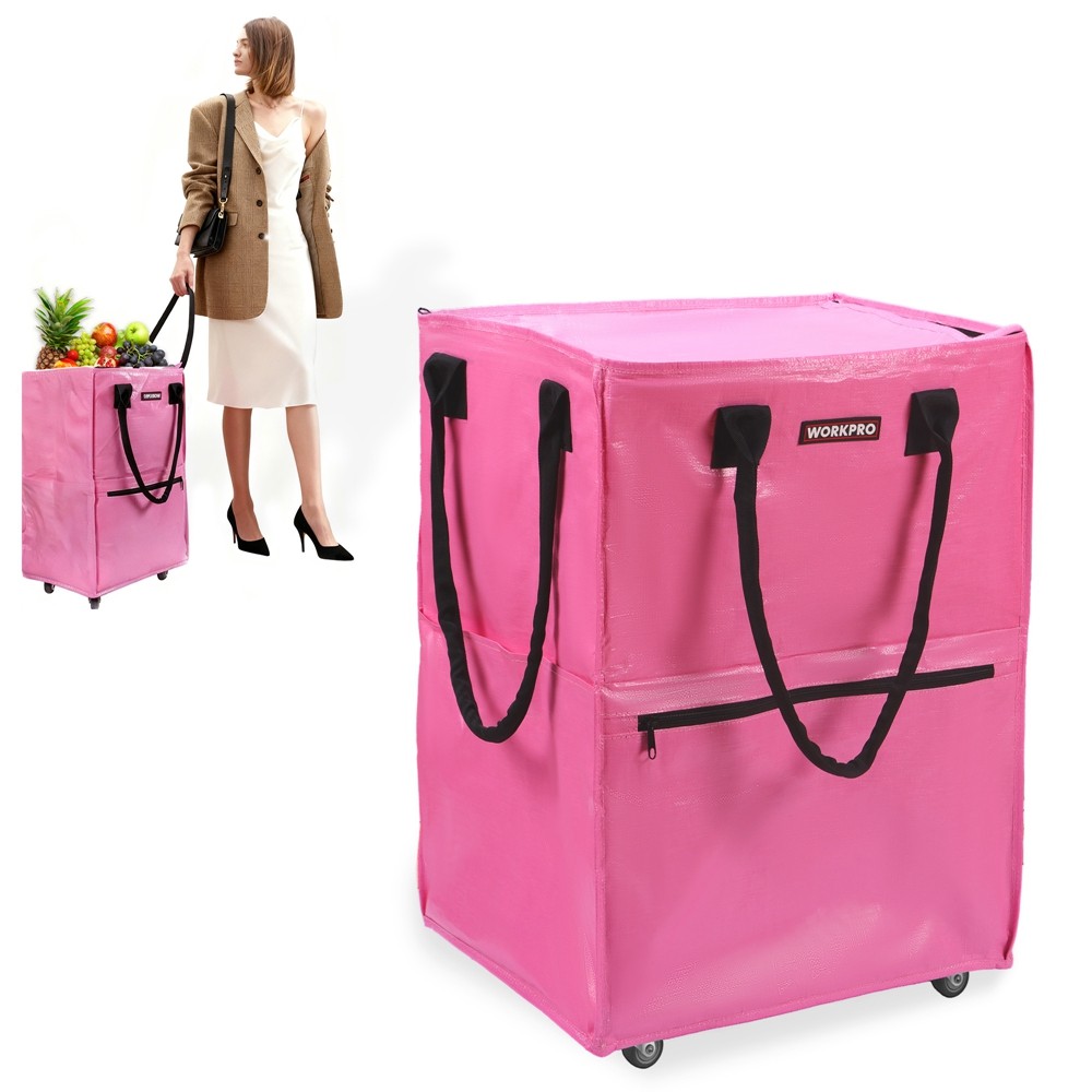 WORKPRO Medium Heavy Duty Reusable Grocery Bag 4 Caster Wheels Rolling Shop Tote