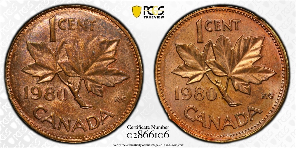 Mint Error -  1980 Canada 1 Cent Struck with Two Reverse Dies PCGS MS64 RD