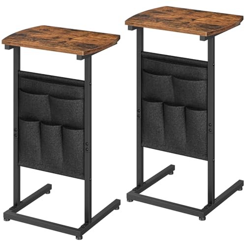 C Shaped End Table Set of Small Side Table for Couch 2 Rustic Brown + Black