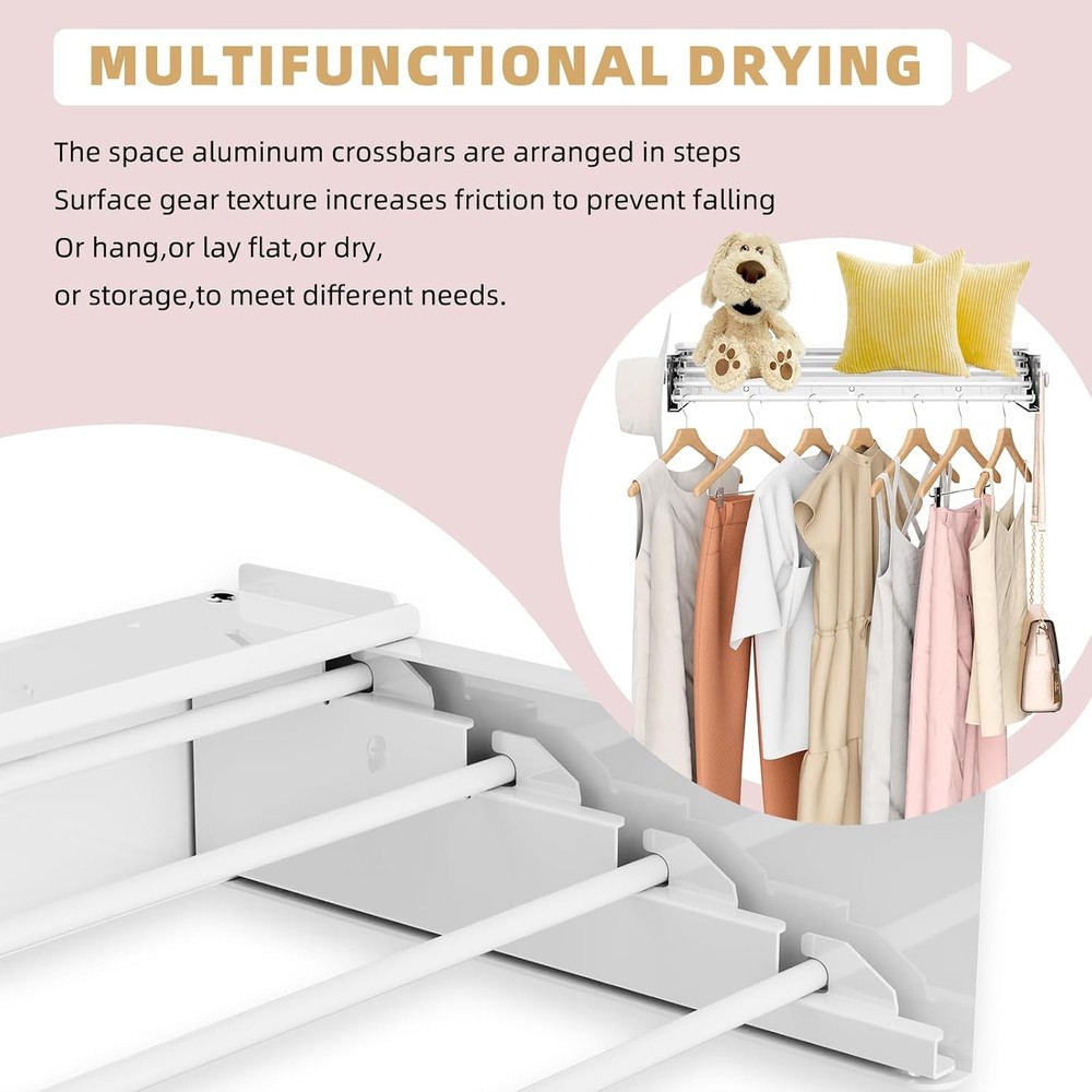 Wall Mounted Drying Rack with 4 Hooks and Shelf, Foldable Drying Rack