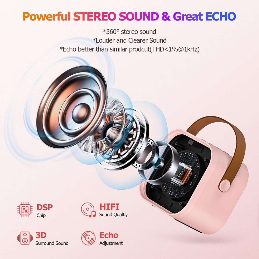 Mini Karaoke Machine with 2 Wireless Microphone, Portable Pink Bluetooth Spea...