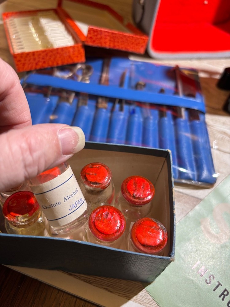 Vintage Sans & Steiffe Microcscope with case, tools and asst slides