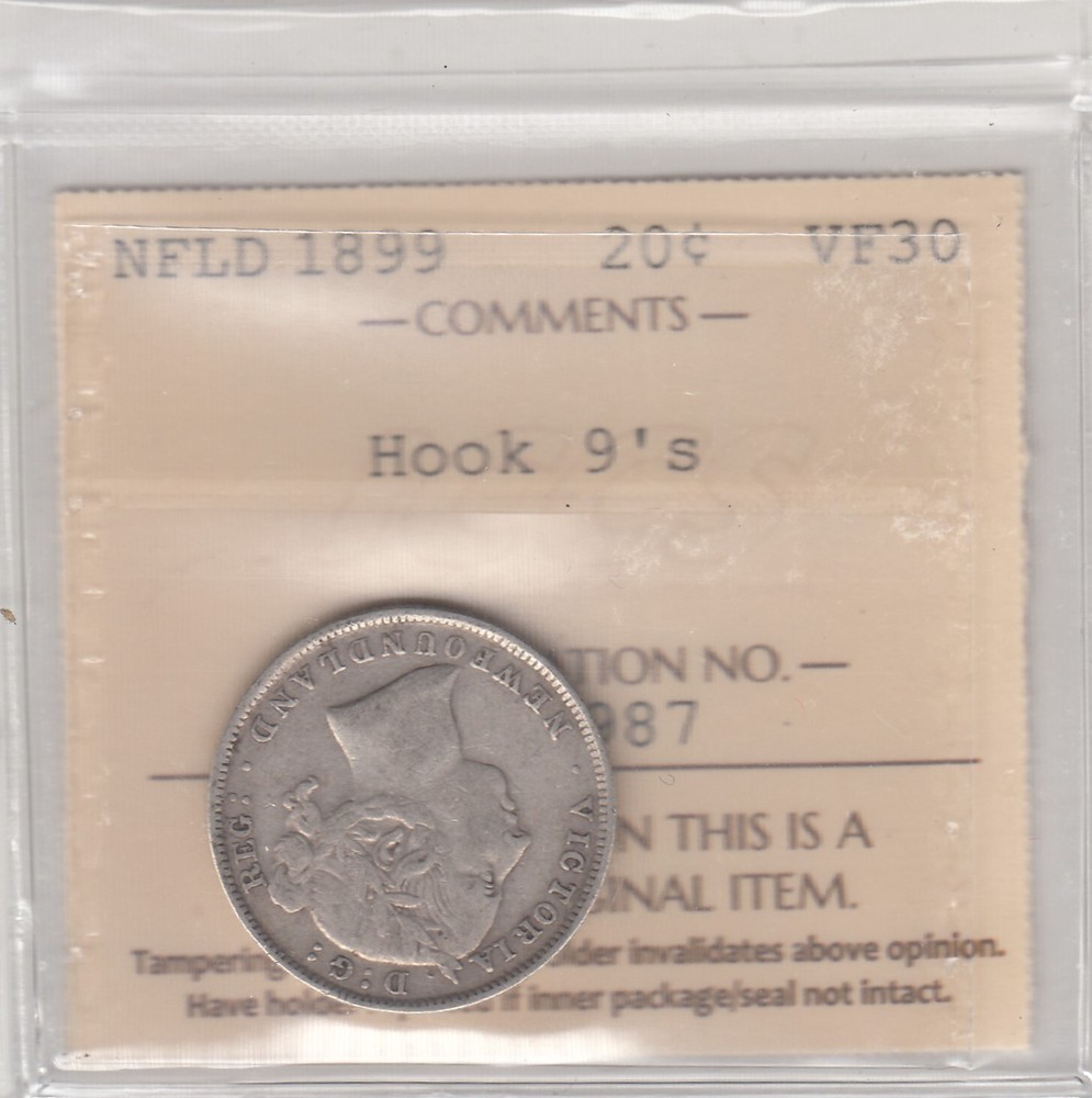1899 Newfoundland Twenty Cent - Hook 9's - ICCS VF30   C6