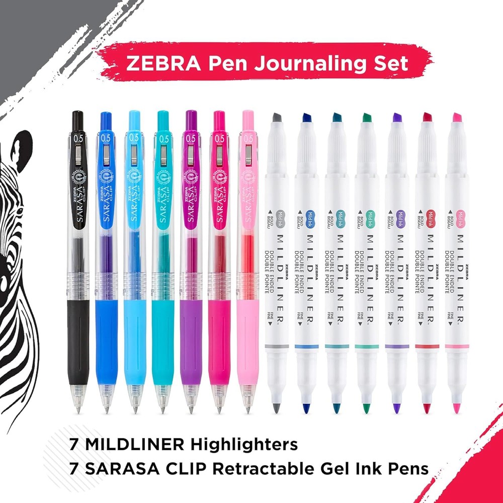 Zebra Journaling Set Gel Ink Pens, Assorted Colors, 14 Pack