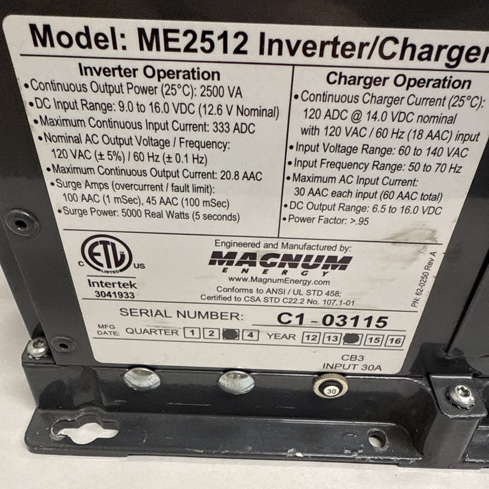 Magnum Energy ME2512 Inverter/Charger - -Remote Controller