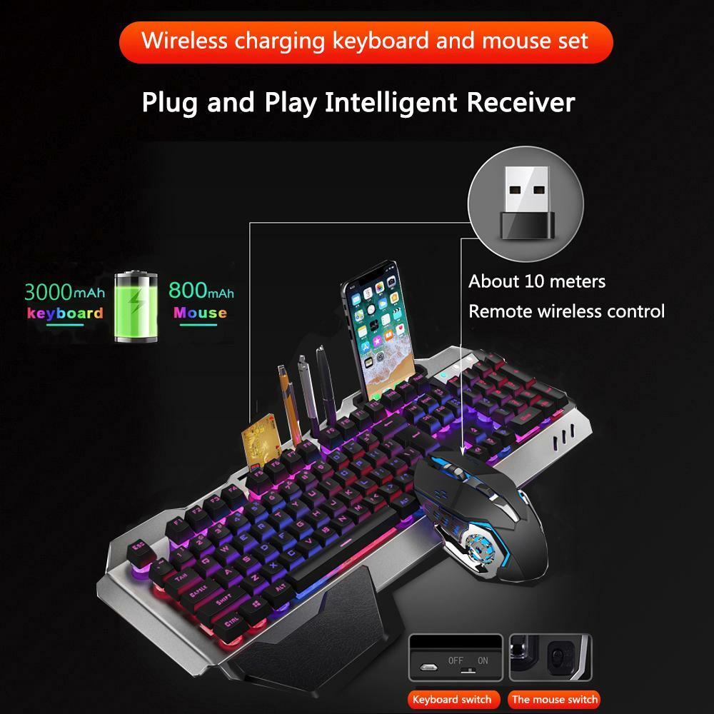 Wireless Gaming Keyboard and Mouse Mechanical Feel Rainbow Backlit