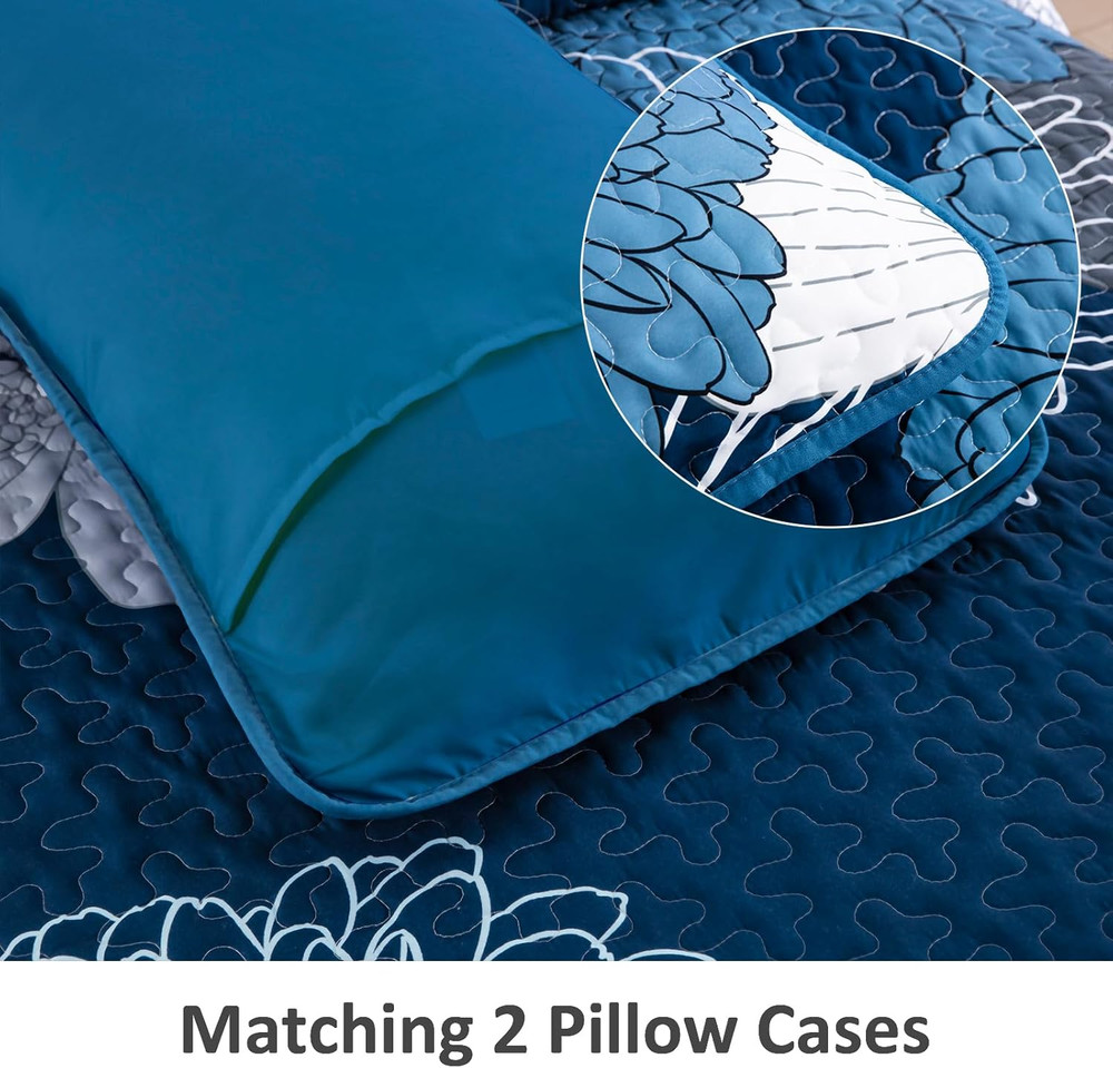 3 Pieces Navy Blue Floral Pattern Quilts Set Queen Size - Reversible Microfiber