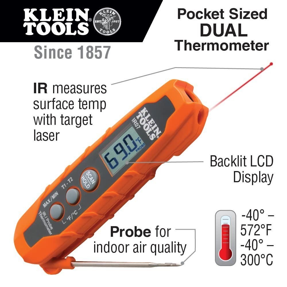 Klein Tools IR07 Dual IR Infared Probe Pocket Size LCD Digital Thermometer