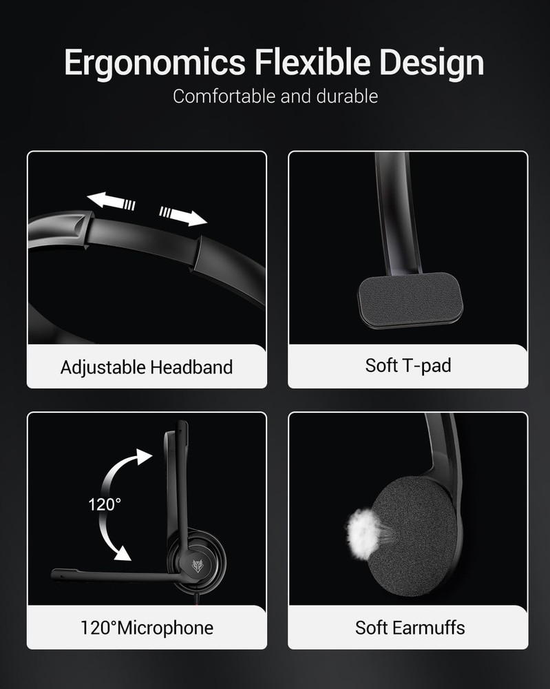 HW02 USB Headset with Microphone Noise Cancelling & in-line Control