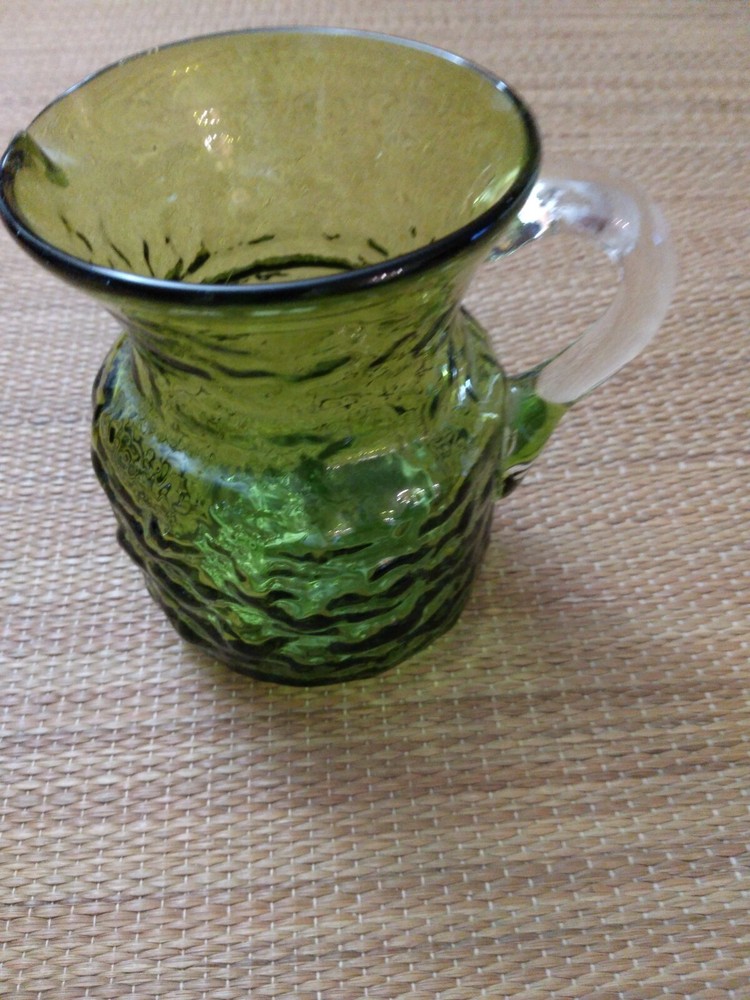 PITCHER CRACKLE GREEN GLASS CLEAR APPLIED HANDLE BLOWN BOTTOM PONTIL