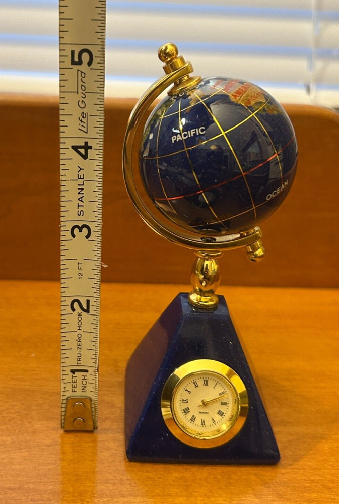 World Globe with Clock Blue Lapis Stone Gemstone 5" Desktop