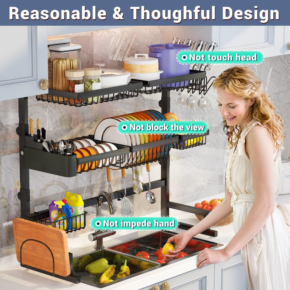 Over Sink Dish Drying Rack (Expandable Height/Length) Snap-On Design Large Dish