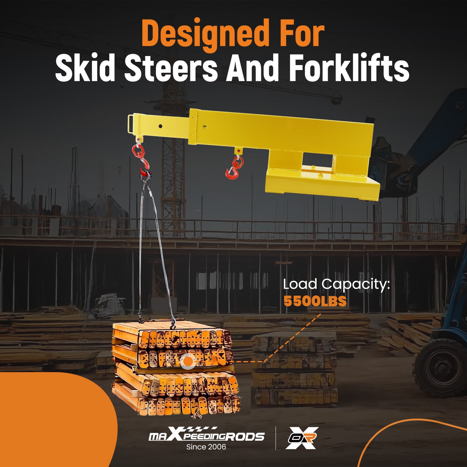 Forklift & Skid Steer Jib Boom - 5500LBS Dual-Fork Telescopic Lifting Attachment