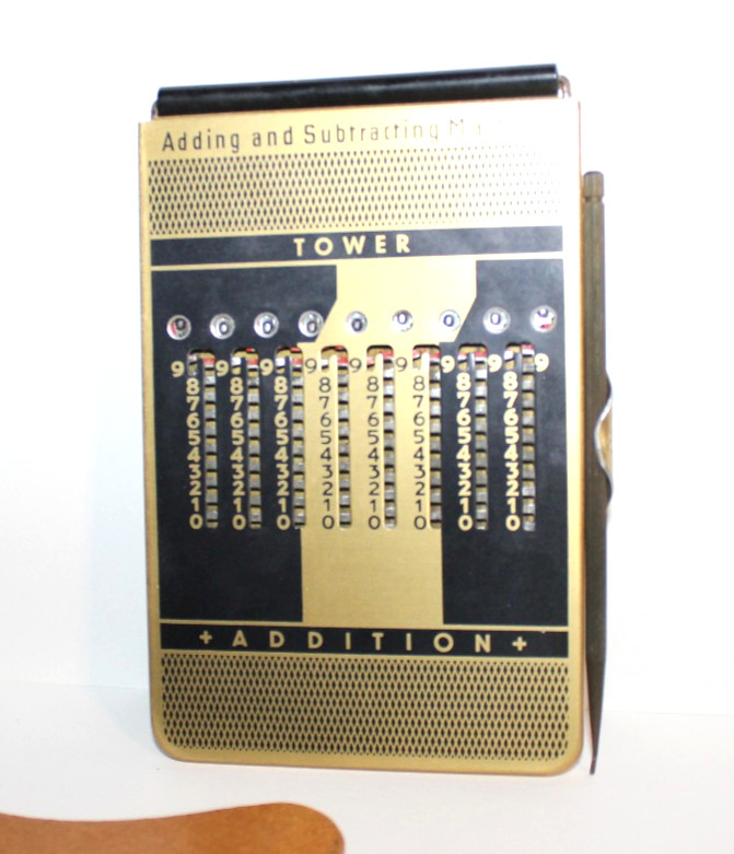 Vintage Pocket Tower Adding and Subtracting Machine Case Instructions Pen CR1