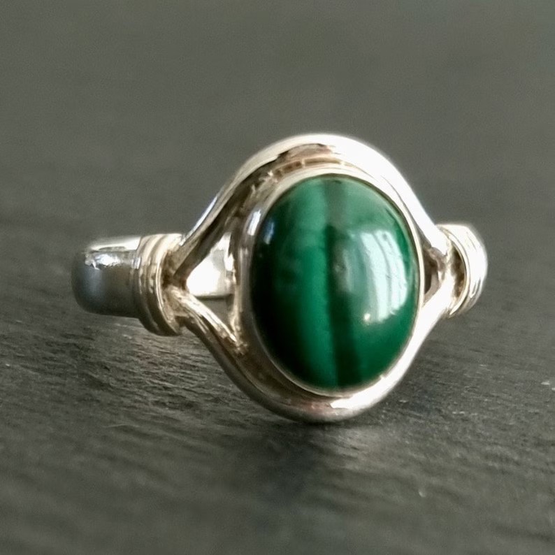 Solid 925Sterling Silver Natural Malachite Oval Gemstone Handmade Boho Band Ring