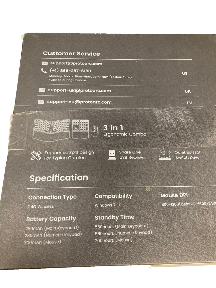 ProtoArc EkM04 Keyboard & Mouse Ergonomic Wireless Combo Split Design Black