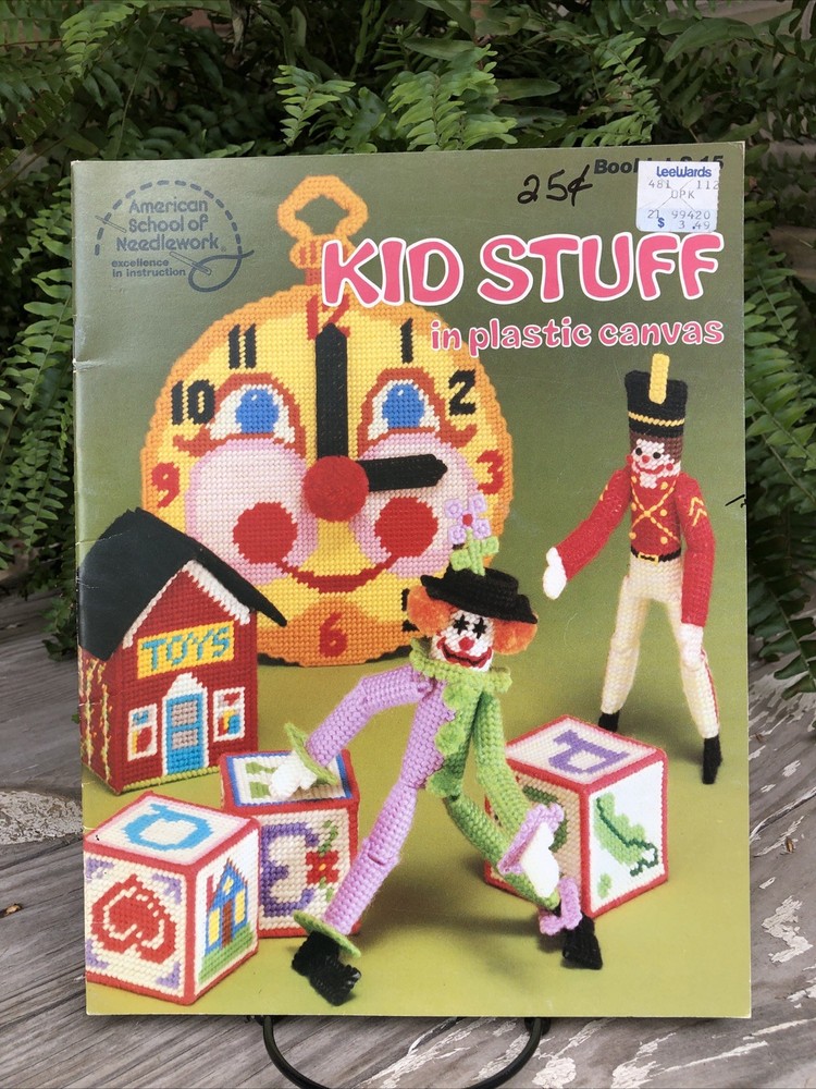 Vtg 1981 Kid Stuff Plastic Canvas Pattern Leaflet Book Clock Bus Clown Blocks