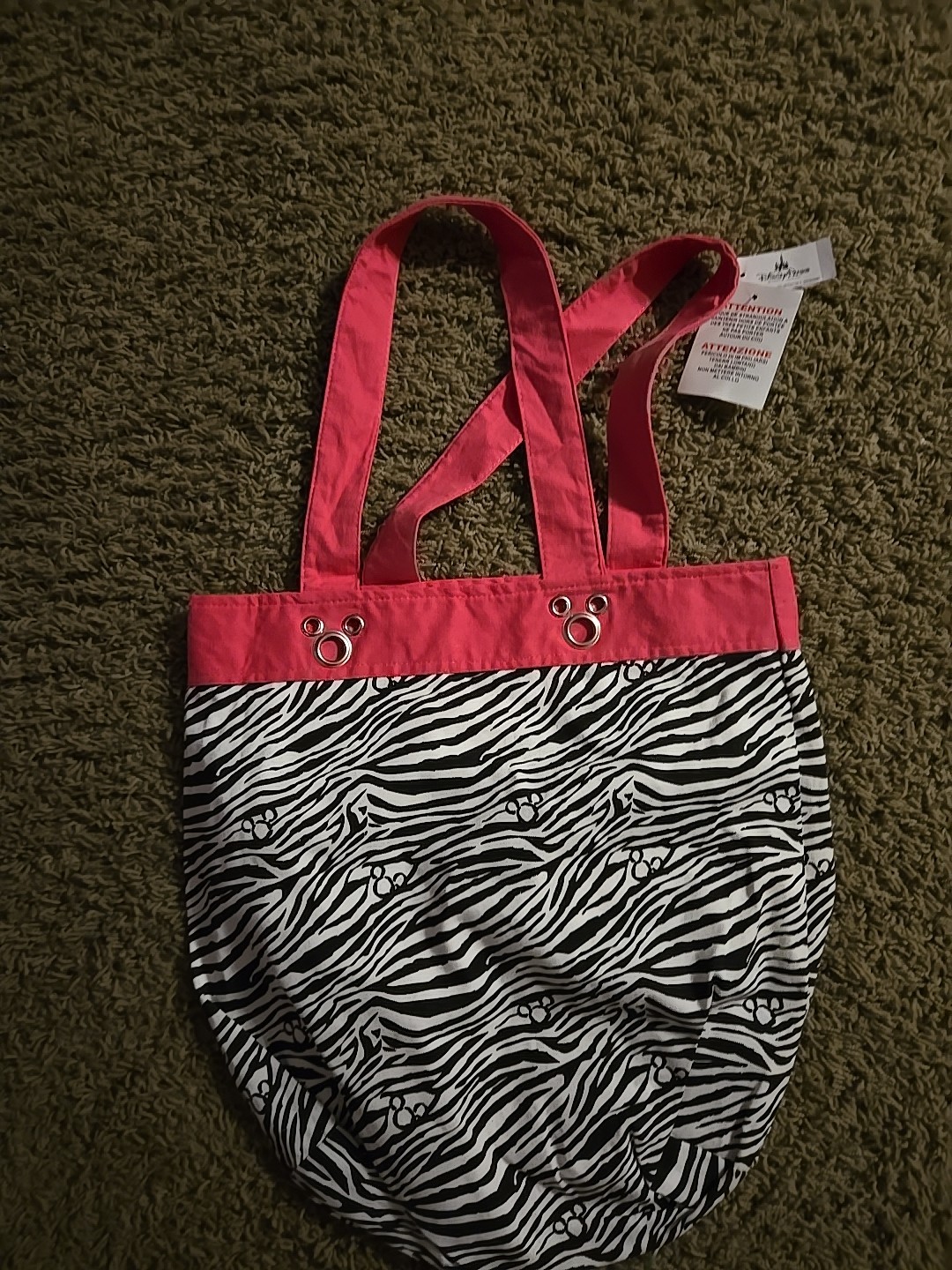 Disney Parks Mickey Mouse Zebra Print Tote Bag Purse with Mickey Grommets NEW
