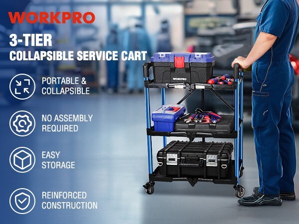 3-Tier Collapsible Service Cart 210 LBS Foldable w/Wheels (No Assembly Required)