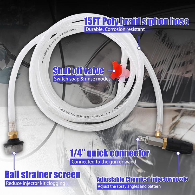 FIXFANS Adjustable Pressure Washer Long Range Nozzle, Downstream Injector Kit fo